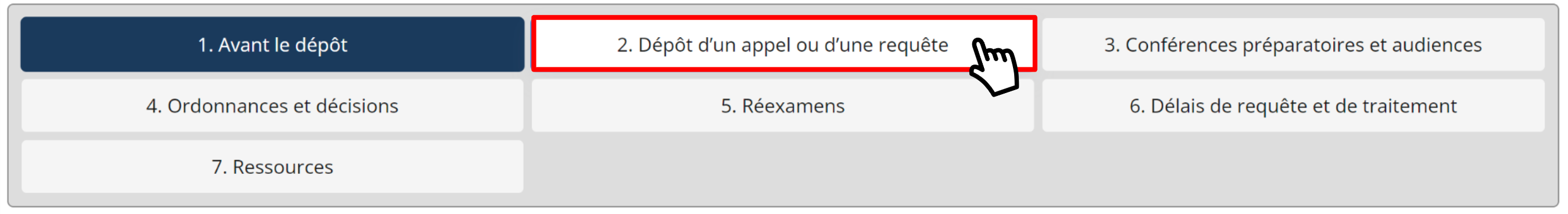 L'ensemble de boutons figurant sur la page Web « Appels, requêtes et processus d'audience » de la Commission d'étude des soins aux animaux. Un curseur survole le deuxième bouton, qui indique « 2. Dépôt d'un appel ou d'une requête ».